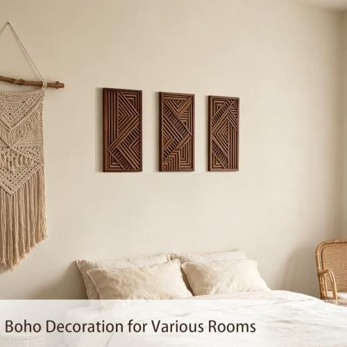 Fajarshine Geometric Wooden Wall Art Set of 3 - Modern Abstract Wood Wall Decor, Rustic Farmhouse Wall Sculptures for Living Room, Bedroom, Office - Natural Acacia Wood - Image 4