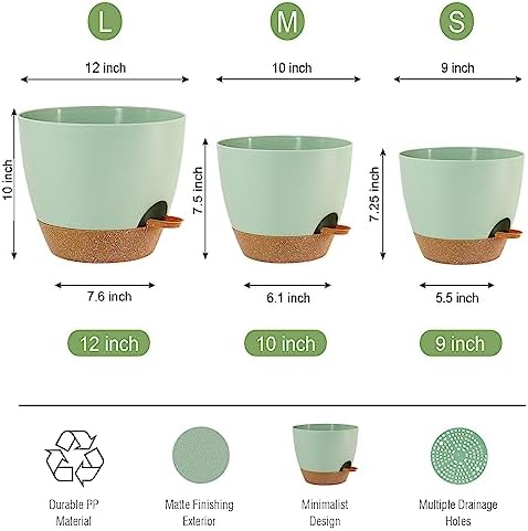 UOUZ Large Self Watering Pots, 12/10/9 Plastic Planters with High Drainage Holes and Deep Reservoir for Indoor Outdoor Garden Plants and Flowers, Green with Brown - Image 2