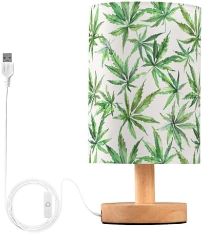 Watercolor Green Marijuana Leaves Bedside Table Lamps with USB Port for Bedroom Lamp Accent Table Lamp Small Nightstand Lamp Sturdy Linen Shade Wooden Base Decorative Lamps for Kids|Reading|Dorm|Home by Fustylead
