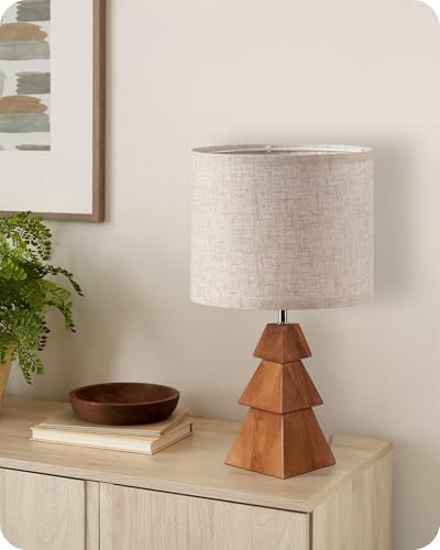 Wood Table Lamp, Wood Bedside Lamp with Tree-Shaped Base & Linen Lampshade, Modern Cute Desk Lamp for Living Room, Bedroom, E26 Base, Bulb Not Included, Beige and Dark Natural LE08TL05 - Image 2