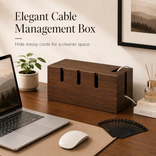 Large Wood Cable Management Box, Wooden Cord Hider Box for Power Strips, Walnut Finish Cable Organizer with 20 Reusable Ties for Desk, Floor & Home Office - Image 2