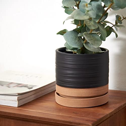 HERDUK 6 Inch Plant Pots, Ceramic Planter Pot with Drainage Hole & Saucer, Indoor/Outdoor Cylinder Round Planter Pot, Matte Black & Brown - Image 5