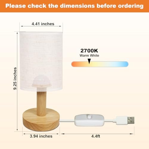 Small Bedside Table Lamp,USB Powered,Wood Base & Fabric Shade, Warm Light - Image 3