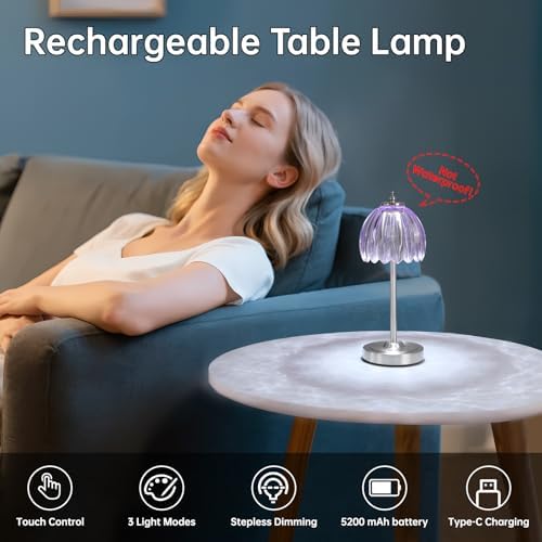 Shenmoyl Tulip Table Lamp with 5200mAh Battery & Touch Control, Cordless Small Table Lamp with 3 Colors, Dimmable Rechargeable Table Lamps for Living Room, Bedroom, Desk, Bedside (Clear Purple Tulip) - Image 2