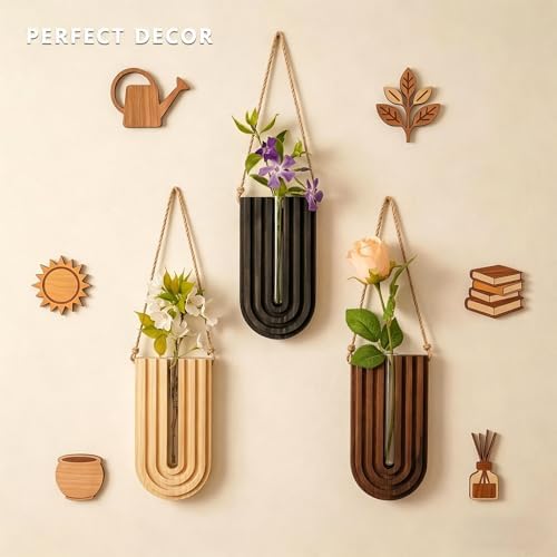 Wood Wall Planter Set of 3, Propagation Station with Glass Tubes, Boho Wall Decor Hanging Vase for Dried Flowers, Farmhouse Wooden Plant Holder for Living Room Bedroom, Rainbow U-Shaped - Image 3