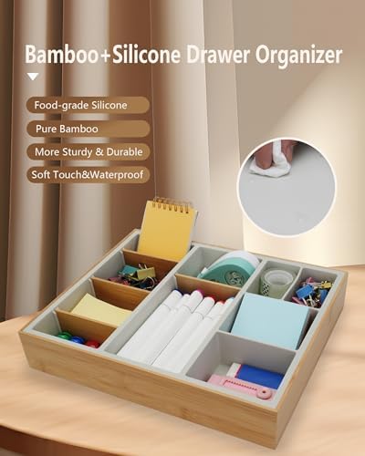 Office Drawer Organizer, Bamboo Desk Drawer Organizer with 4 Removable Dividers, Desk Organizers and Accessories with 10 Adjustable Compartments for Office Home Gray - Image 6
