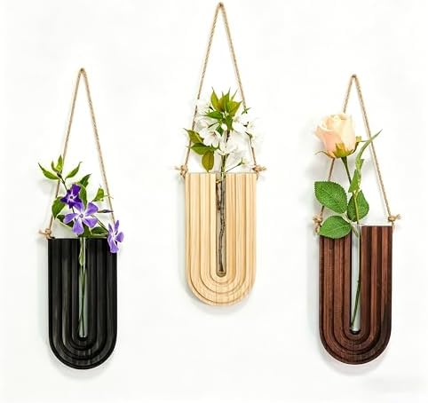 Wood Wall Planter Set of 3, Propagation Station with Glass Tubes, Boho Wall Decor Hanging Vase for Dried Flowers, Farmhouse Wooden Plant Holder for Living Room Bedroom, Rainbow U-Shaped by Unknown