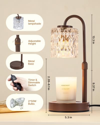 CASTLELIFE Dimmable Candle Warmer Lamp with Timer, Height Adjustable Candle Warmer for Jar Candles, Electric Wax Melt Warmer for Home Decor House Warming Gifts, Birthday Gifts for Women, Brown-Glass - Image 2