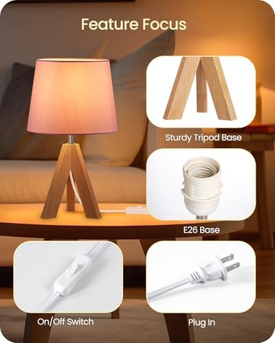Pink Table Lamp, Small Tripod Table Lamp, Boho Bedside Lamp with Pink Linen Shade & Wood Base, Modern Nightstand Lamps, Little Cute Desk Lamp for Girls Room, Kids Room, Bedroom, P51TL05 - Image 5