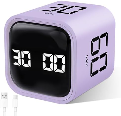 GuDoQi Multi-Function Cube Timer, 5/10/30/60 Min & Custom Count Down, Included Pause & Resume Feature, Silent, Vibrate & Adjustable Sound Alarm for Productivity in Tasks, Study & Kitchen, Purple by GuDoQi