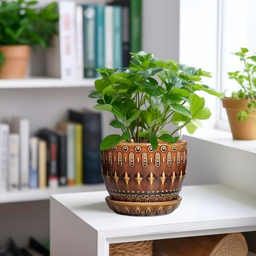 G EPGardening 5.5 Inch Plant Pot - Ceramic Planter for Indoor Outdoor Plants, Boho Round Indoor Flower Pot with Drainage Hole and Saucer, Housewarming Gifts, Garden Home Room Decor, Brown - Image 2