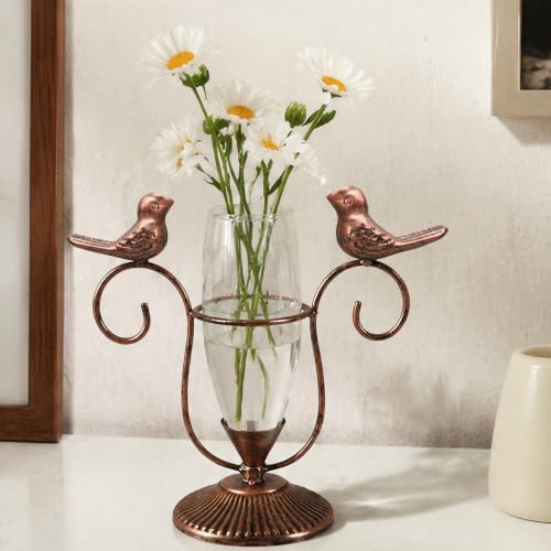 Hydroponic Plant Vases, Plant Terrarium, Plant Propagation Station Metal Vintage Style Desktop Decor Gifts for Plant Lovers (Copper Bird, 8.26"×7.9") - Image 6