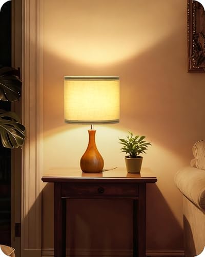 Green Table Lamp, 14.2" Small Bedside Lamp, Wood Table Lamp with Green Linen Lampshade & Dark Wood Base, Modern Nightstand Lamp for Bedroom, E26 Base, Bulb Not Included, LJ09TL05 - Image 2