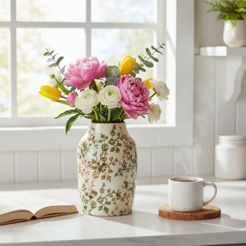 SIDUCAL Ceramic Green and Beige Antique Vase, 7 Inch Retro Ice Cracked Chinoiserie Floral Vase, Rustic Farmhouse Vases for Home Decor, Bookshelf, Office, Garden, Chinoiserie Decor, Tuscan Decor - Image 5