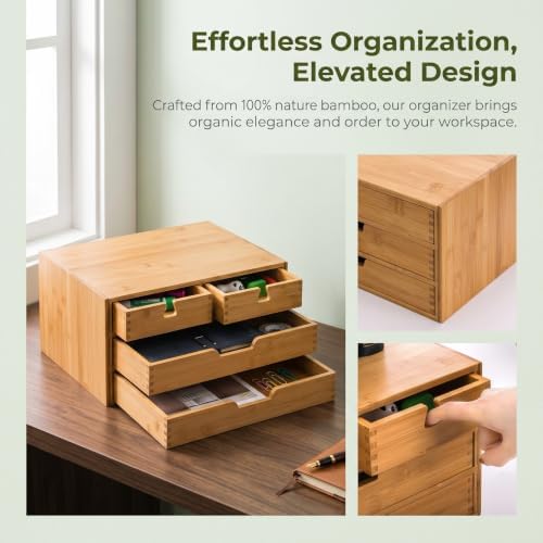 DEAYOU Bamboo Desk Organizer, 100% Natural Bamboo Desktop Drawer Organizer, Tabletop Storage Cabinet Organization Box with 4 Drawers for Makeup, Letter, Home Office Supplies, 3-Layer, Fully Assembled - Image 5