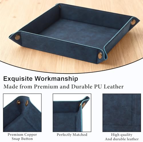 Valet Tray Desktop Storage Organizer – Premium PU Leather Catchall Bedside Vanity Tray Nightstand Caddy Holder for Remote Controller, Keys, Phone, Wallet, Coin, Jewelry,Blue - Image 4
