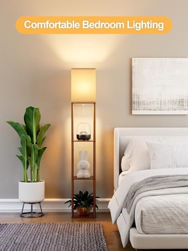 Floor Lamp with Shelves for Living Room Walnut Brown, Shelf Floor Lamp with 3 CCT LED Bulb, Corner Display Standing Column Lamp Etagere Organizer Tower Nightstand with White Linen Shade for Bedroom - Image 7
