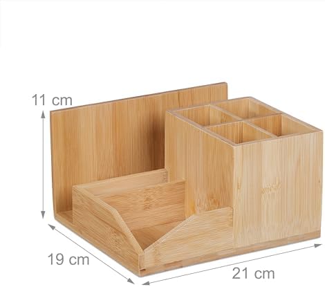 Relaxdays Desk Organiser, 7 Compartments, Pen & Document Holder, Utensil Box, HxWxD: 11 x 21 x 19 cm, Bamboo, Natural - Image 4