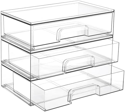 Vtopmart 12.1''W Clear Stackable Storage Drawers,3 Pack Acrylic Plastic Organizers Bins for Makeup Palettes, Cosmetics, and Beauty Supplies,Ideal for Vanity, Bathroom,Cabinet,Desk Organization by Vtopmart