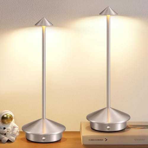 Modern Cordless Table Lamp Set of 2, Brushed Nickel LED Desk Lamps by NEWSEE