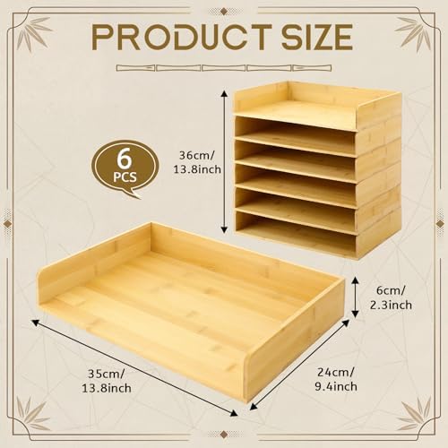 Novabright 6 Pcs Stackable Paper Organizer Tray Acacia Wood Desk Organizer Letter Tray Desktop Letter Size Office Wooden Desk Shelf Paper Holder Folder Organization Rack for File Document(Bamboo) - Image 2