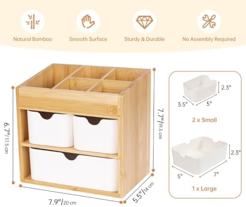 Bamboo Organizer with 3 Drawers, Small Organizer for Bathroom Countertop, Makeup Vanity Skincare/Cosmetic Organizer Box, Desktop Organization for Stationery, Adjustable & No Assembly Required - Image 2