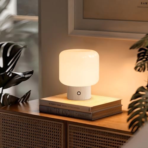 MAGCHARM Halo Mushroom Lamp, 5W Cute Cordless Rechargeable Table Lamp with Glass Shade, 3 Color Temps LED Dimmable Ambient Lighting, Small Retro Touch Bedside Light for Bedroom Decor, White - Image 4
