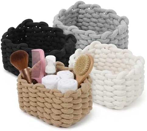 Small Woven Decorative Baskets, 4pcs Mini Cotton Rope Basket Set for Storage, Woven Square Baskets for Organizing, 7.68x6.1x5.51in, White/Light Gray/Light Brown/Black by Unknown