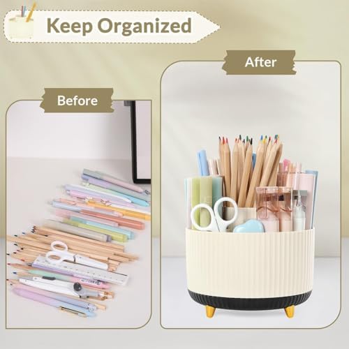 SKYDUE 360 Rotating Organizer, Dual-Purpose Pencil Pen Holder, 5-Slot Rotating Pencil Cup for Office, School, Home (Beige-Black) - Image 4