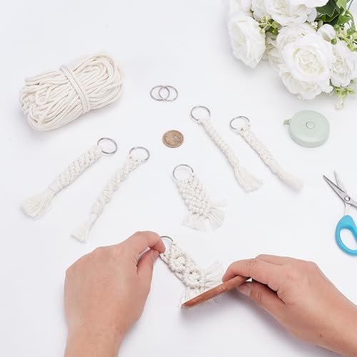 INFUNLY 6 Set DIY Macrame Keychain Kit White Macrame Keychain Kit for Adults Handmade Macrame Cord Knotting Kits with Tassel Mini Handmade Bag Charms Braiding with Instruction for Car Keys Ring - Image 5
