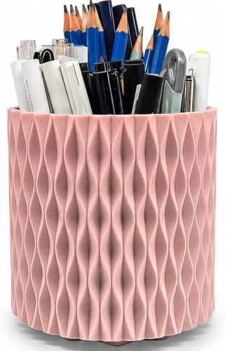 Lebenrich Rotating Pencil Holder for Desk, 5 Slots Unique Pink Organizer Easthetic Desktop Supplies and Accessories for Women Girls, Pen Cup Caddy for Office Home Art Supply by Lebenrich
