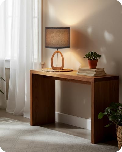 Gray Table Lamp, Small Wood Bedside Lamp with Gray Linen Lampshade & Dark Pearwood Base, Modern Nightstand Lamp for Bedroom, Kid's Room, Cute Desk Lamp with Cable, E26 Socket, LH07TL05 - Image 4