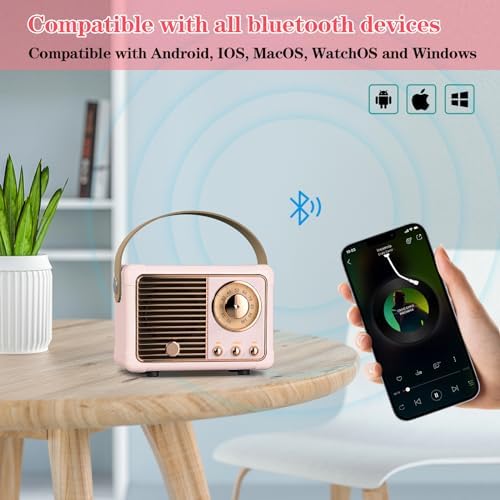 Retro Bluetooth Speaker, Vintage Decor, Wireless Portable Mini Bluetooth Speaker, Small Cute Old Fashion Style for Home Bedroom Kitchen Desk Party Outdoor Gift Ideas - Pink - Image 2