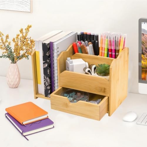 ZAVOOS Bamboo Desk Organizer with Drawer Pen Holder, 5 Compartments - Image 6