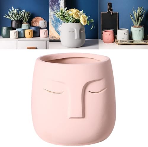 Face Planter (Pink, Large, with Hole, Without Tray) - Ceramic Plant Pot for Succulents, Flowers, and Small Plants - Nordic Minimalist Vase for Indoor and Outdoor Home Decor by Boxonly