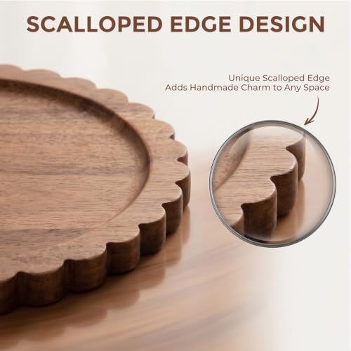 Solid Acacia Wood Decorative Tray, 12 Inch Round Scalloped Wood Tray Wooden Coffee Table Tray - Image 5