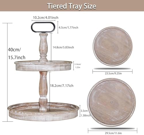 Krismax Decorative Trays - Two Tiered Tray Stand Rustic Decor Farmhouse 2 Tiered Tray Serving Tray Seasonal & Holiday Decoration Wooden Tray - Image 2