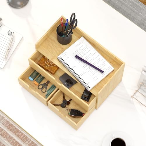 Bamboo Desk Organizer with Drawers, Desktop Storage Box for Office Supplies - Image 2