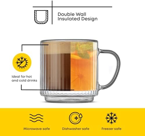 JoyJolt Haven Stackable Fluted Glass Mugs Set of 2, 5.5oz Ribbed Double Wall Glass Coffee Mugs, Stacking Insulated Coffee Cup Set also for Espresso Shot Tea Latte Macchiato Cappuccino - Image 5