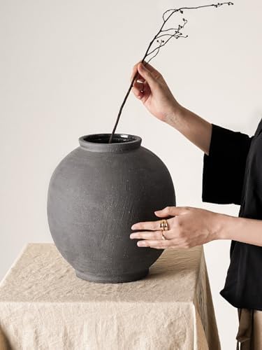Ceramic Rustic Vase, 10.8 Inch Farmhouse Minimalist Tall Flower Vase for Table, Living Room, Home Decor, Bathroom, Holiday, Wedding, Set of 1,Sandstone Dark Grey - Image 6