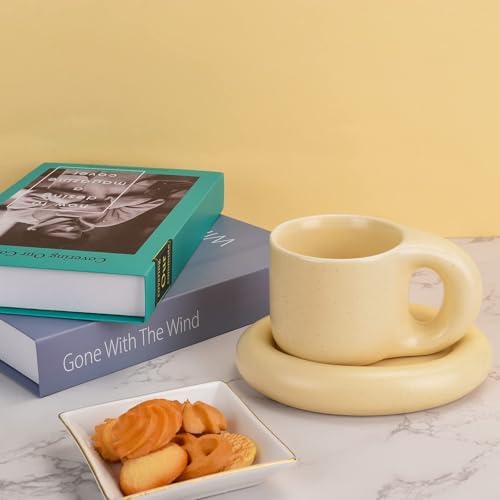 Koythin 10oz Chubby Handle Ceramic Mug Set With Saucer, Milky Apricot - Image 6