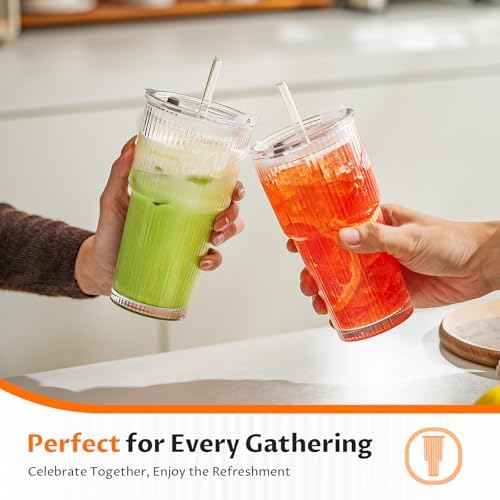 20oz Iced Coffee Cups with Lids, Glass Coffee Cups with Lids and Straws, 2P - Image 2