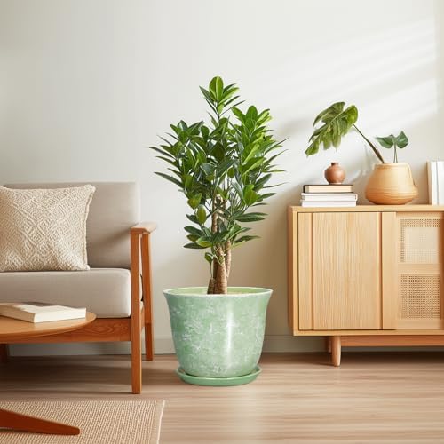 12 Inch Pots for Plants - Ceramic Plant Pots with Drainage Hole and Saucer, Large Round Planter for Indoor Outdoor, Modern Flower Pot, Decorative Planters, Garden Decor, Garden Gifts, Green - Image 7