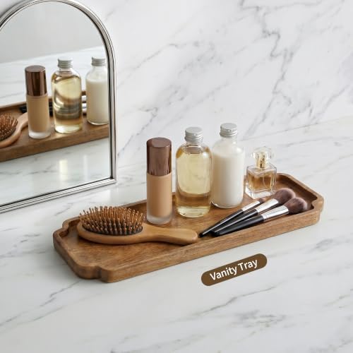 Small Wooden Tray | Acacia Wood Tray for Vanity, Bathroom Counter, Coffee Table & Toilet | Perfect for Remote, Snack & Catch All | Mini Charcuterie Board Serving Platter (Scalloped Rectangular) - Image 6