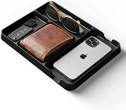 Pocket Deck Valet Tray (Black) for Men. Everyday Carry EDC Caddy Bamboo Organizer. Perfect for Night Stand, Bedside, Dresser, Desk, Office, Bedroom. with Phone Charger. Storage Slots for Wallet, Keys by UnclutteredDesigns