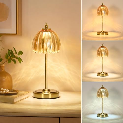 NewAoNaSen Glass Tulip Table Lamp, Cordless Rechargeable Table Light -Amber by NewAoNaSenLighting
