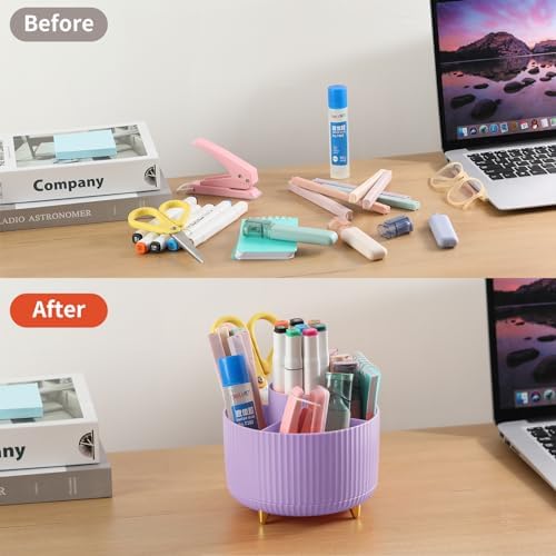 Desk Pencil Pen Holder, 5 Slots 360°Degree Rotating Pen Organizers for Desk, Desktop Storage Stationery Supplies Organizer, Cute Pencil Cup Pot for Office, School, Home, Art Supply, Purple - Image 4