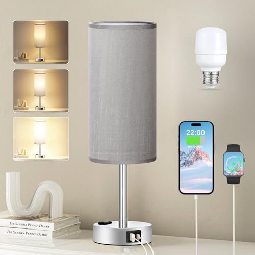 Fenmzee Grey Bedside Lamp for Bedroom, Dimmable Touch, USB A+C, AC Outlet by Fenmzeelighting