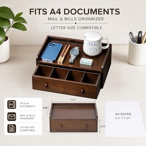 Solid Wood Desk Organizer with Drawer and Adjustable A4 Tray - Image 5