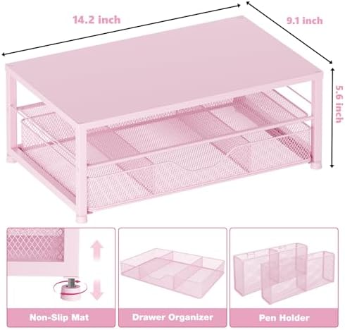 OPNICE Desk Organizer and Accessories, 2-Tier Computer Monitor Stand Riser with Drawer and 2 Pen Holders, Laptop Stand, Office Desk Accessories for Office Supplies, Pink - Image 3